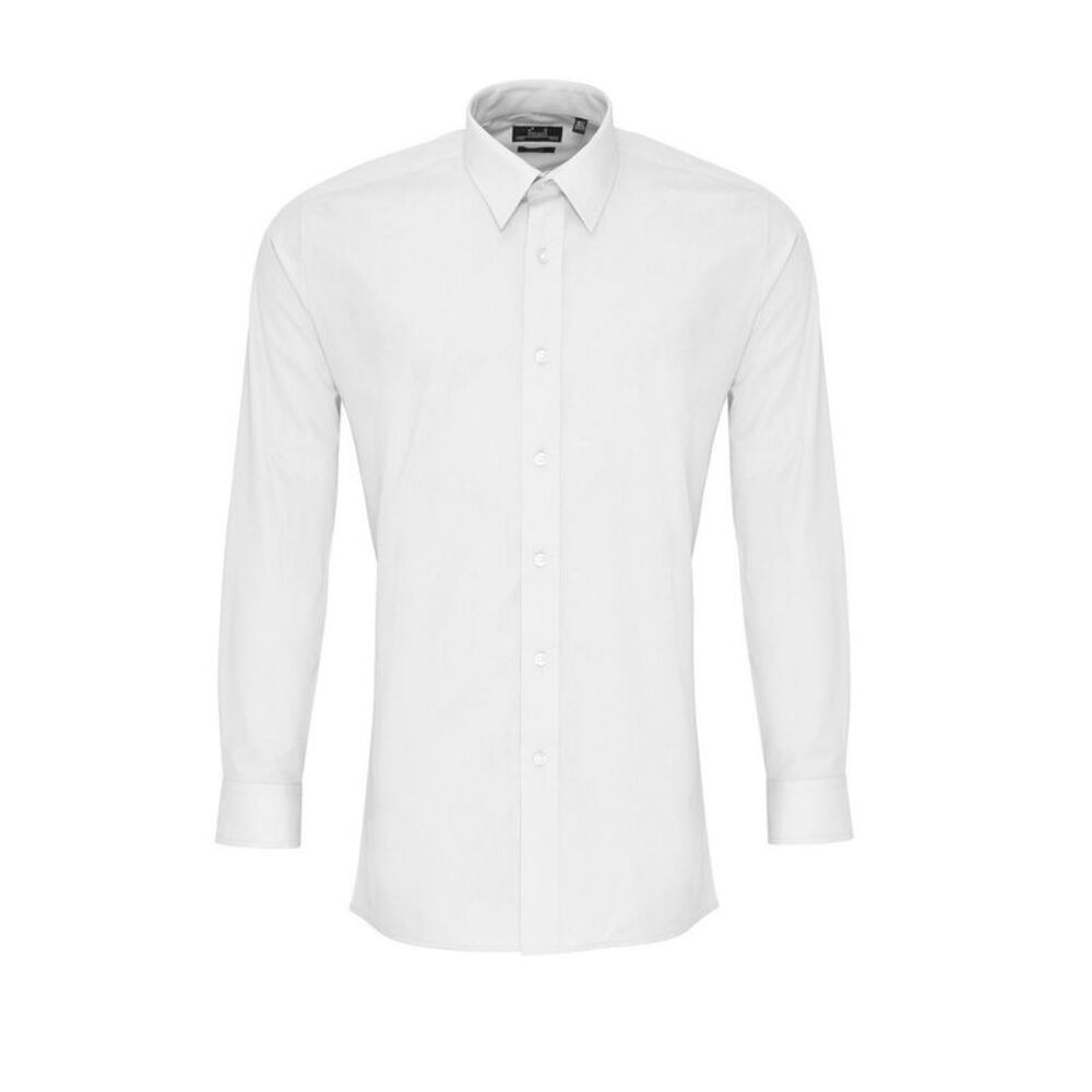 Premier Mens Colours Poplin Fitted Long-Sleeved Shirt / White